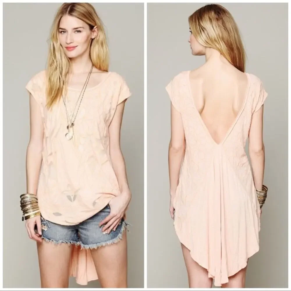 Free People NEW ROMANTICS High Noon Tea Top Peach Cutout Blouse - Picture 2 of 15